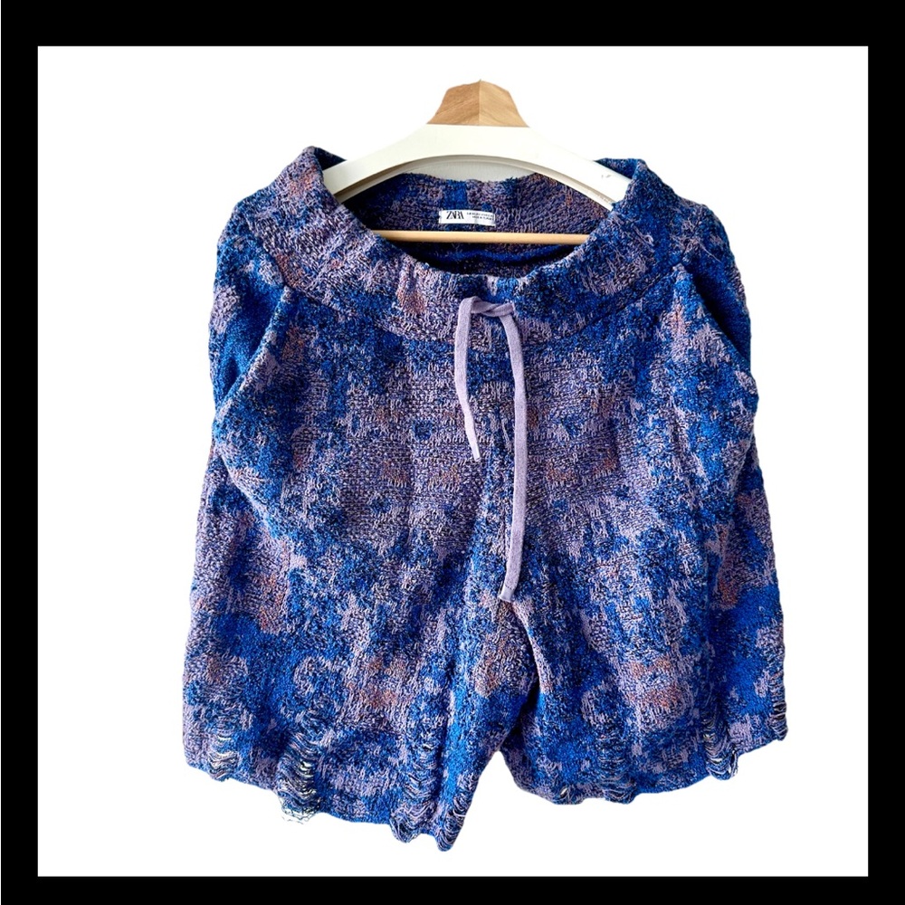 ZARA Knit Sweat Shorts Blue Purple M Drawstring Distressed Hem Men
